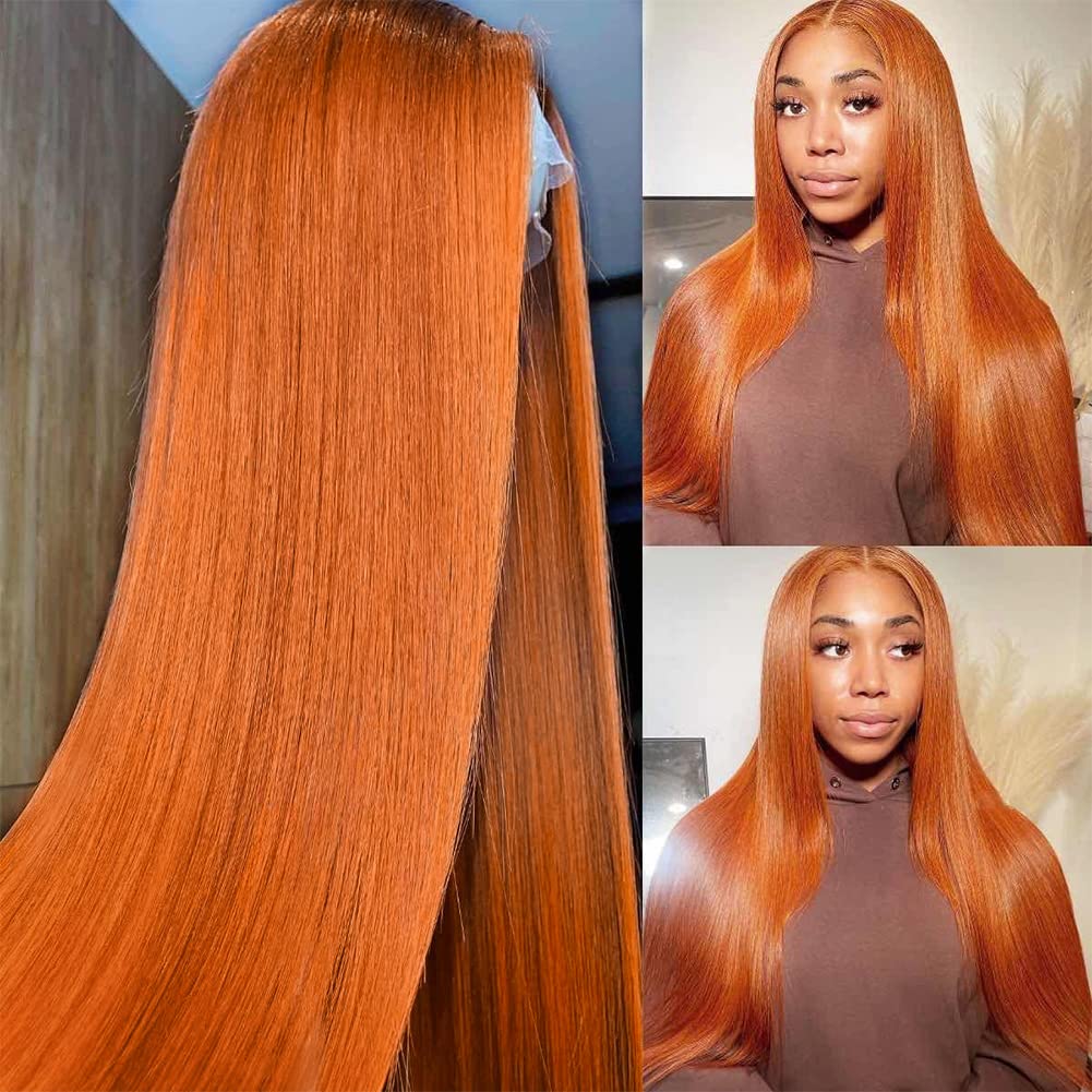 Subella Ginger Orange Straight Lace Frontal Wig Pre Plucked Hairline With Baby Hair Glueless 180% Density Glueless 13X4 Hd Trans