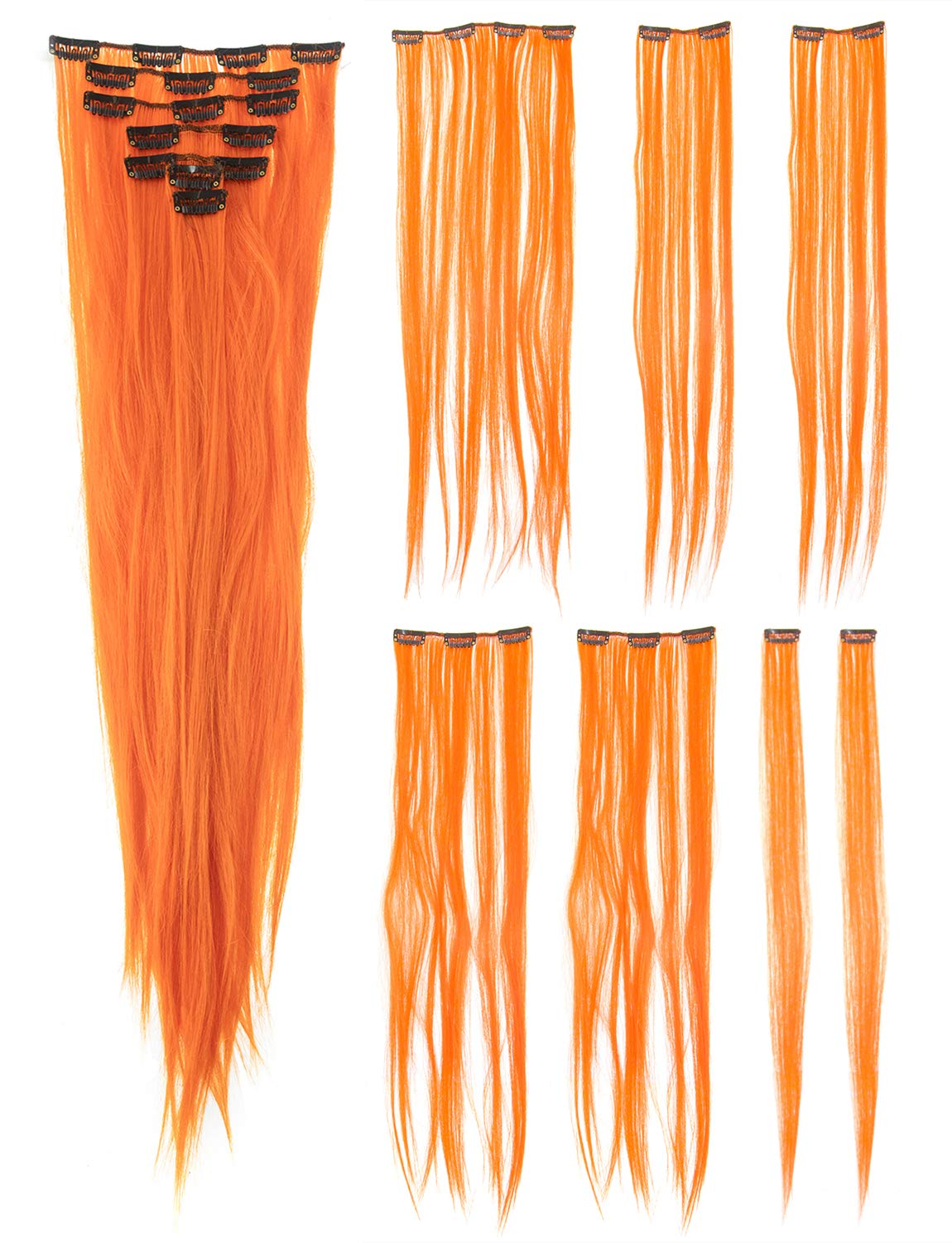 Swacc 7 Pcs Full Head Party Highlights Clip On In Hair Extensions Colored Hair Streak Synthetic Hairpieces (22-Inch Straight, Or