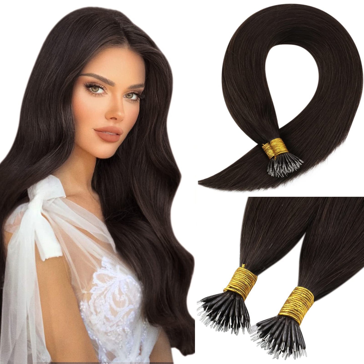 Sunny Hair 24 Inch Nano Bead Hair Extensions Human Hair Brown Nano Tip Hair Extensions Human Hair #2 Darkest Brown Nano Hair Ext