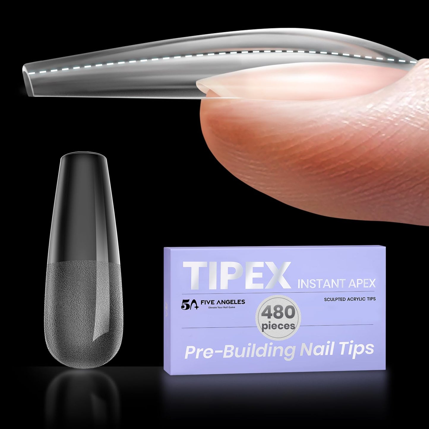 Five Angeles Tipex Instant Apex Nail Tips,480Pcs Of Pre-Etched Thicker Acrylic Nails,Strong Full Cover Long Coffin False Nails F