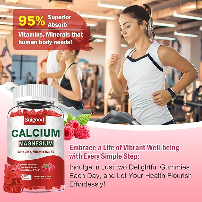 Calcium Magnesium Zinc Gummies – Calcium with Vitamin D3 & K2, Calcium Citrate Gummies for Bone, Muscle, Calm & Zzz Support –High Absorption Magnesium, Raspberry Flavored, 60 Count