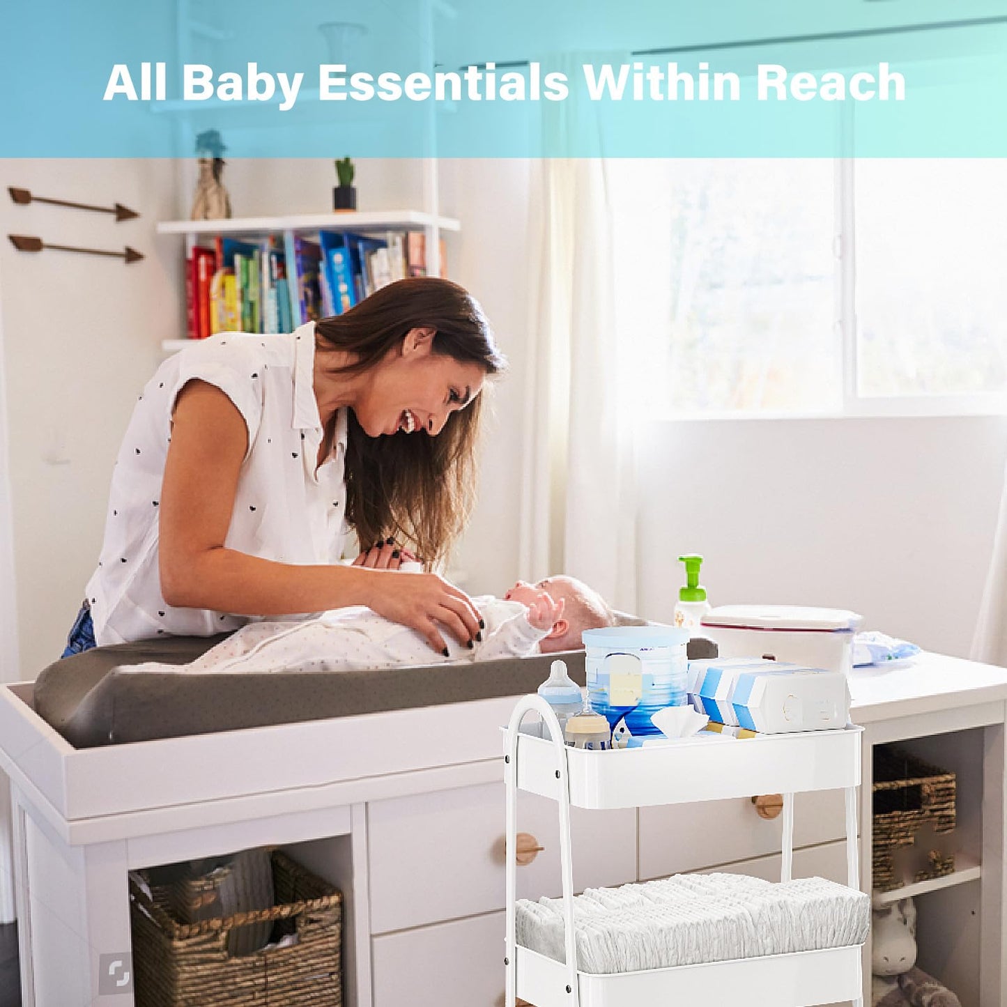 Volnamal Baby Diaper Caddy Organizer, Metal Utility Diaper Cart, Multifunction Essential Newborn Baby Registry Items, Movable Changing Station/Easy Assembly, White