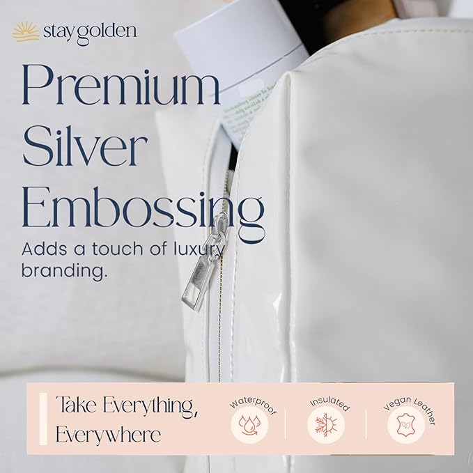 Stay Golden Insulated Waterproof Makeup Bag for Women Heat-Resistant Travel Cosmetic & Toiletry Bag | Luxurious Vegan Leather Portable Makeup Organizer (White with Silver Zipper, Medium)