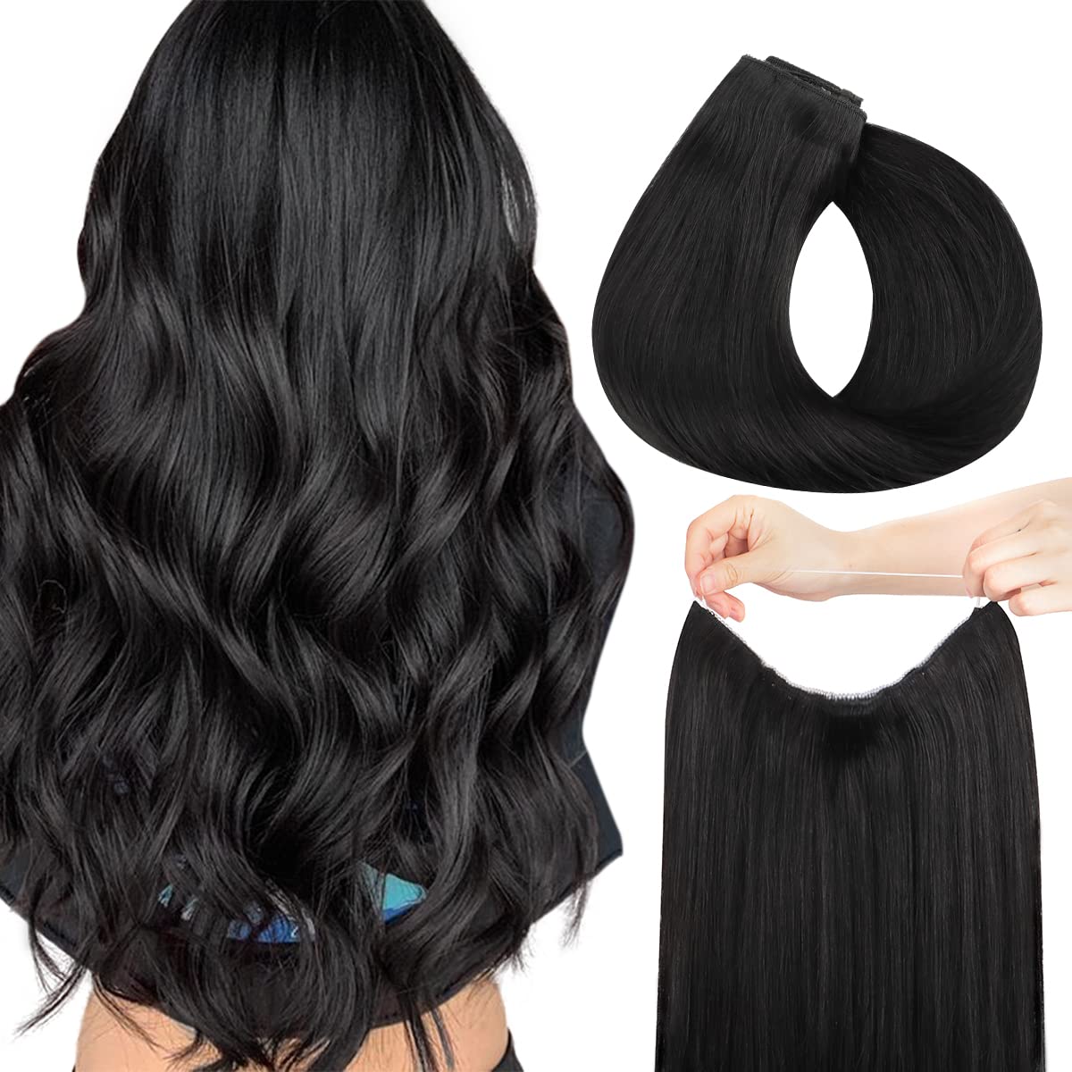 Hotbanana Wire Hair Extensions, 12 Inch 70G Natural Black Fish Line Hair Extensions Real Human Hair Straight Invisible Wire Hair