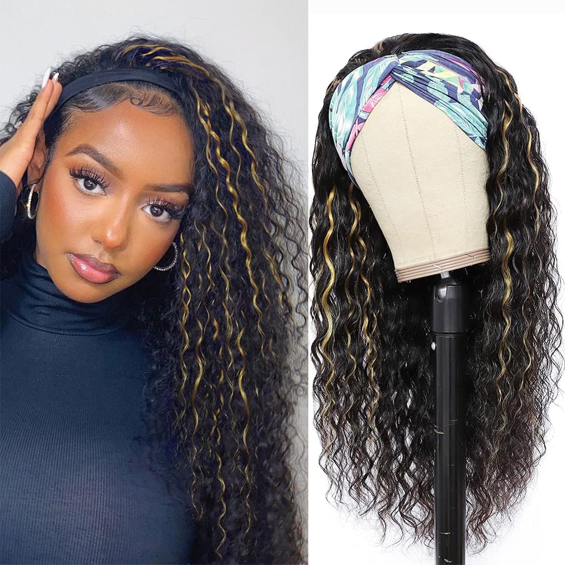 Punmasa Headband Wig Human Hair Deep Wave 20 Inches 1B/27 Headband Wigs For Women Glueless None Lace Front Wigs Machine Made 150