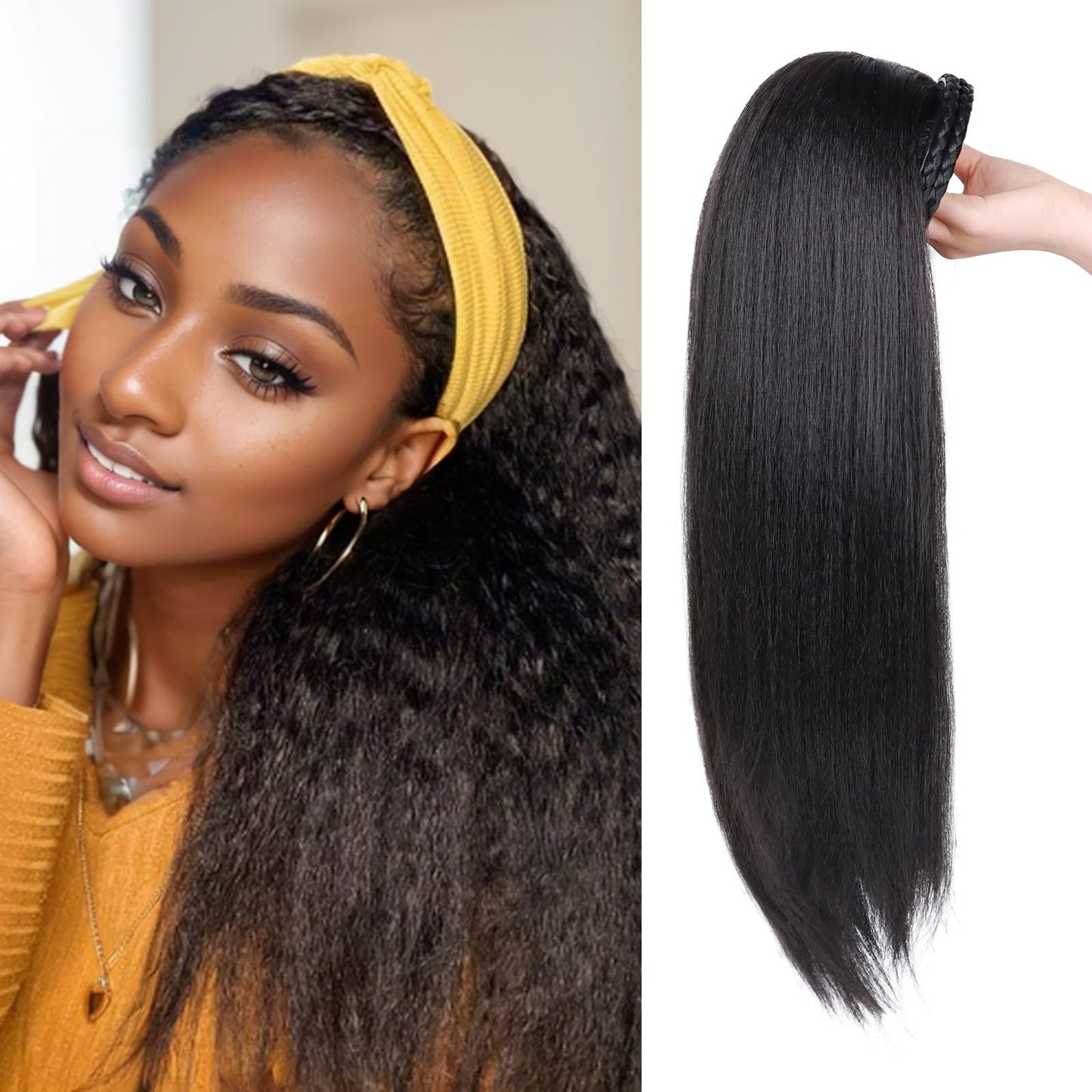G&T Wig Yaki Straight Half Wig With Braided Hair Band Wear And Go Glueless Wig For Black Women Heat Resistant Synthetic Wigs For