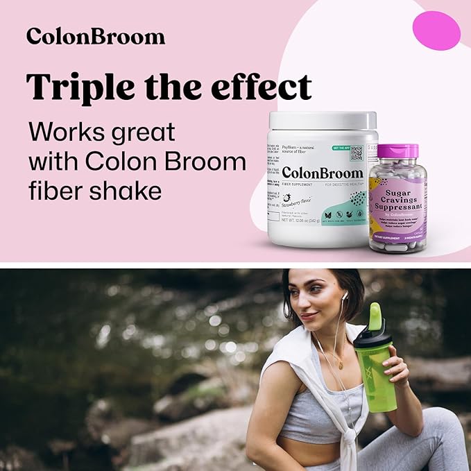 ColonBroom Psyllium Husk Powder Sugar Craving Suppressant - Chromium Picolinate 200mcg, 2 Items - Colon Cleanser Fiber Supplement (50 Servings) + Sugar Craving Suppressant (60 Servings)