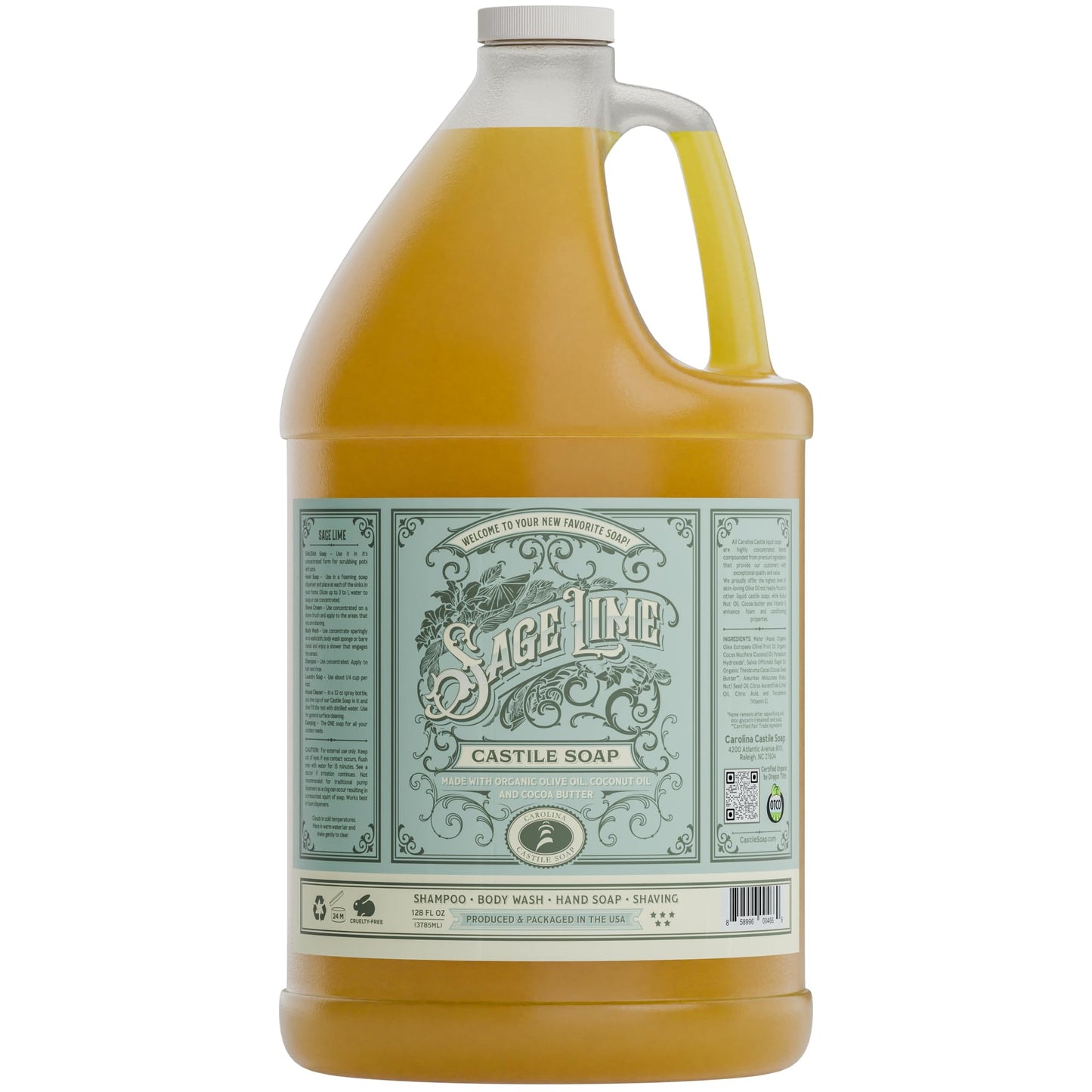 Carolina Sage Lime Castile Soap Liquid - Skin-Softening Olive Oil Soap Organic Body Wash - Pure Castile Soap Sage Lime Liquid So