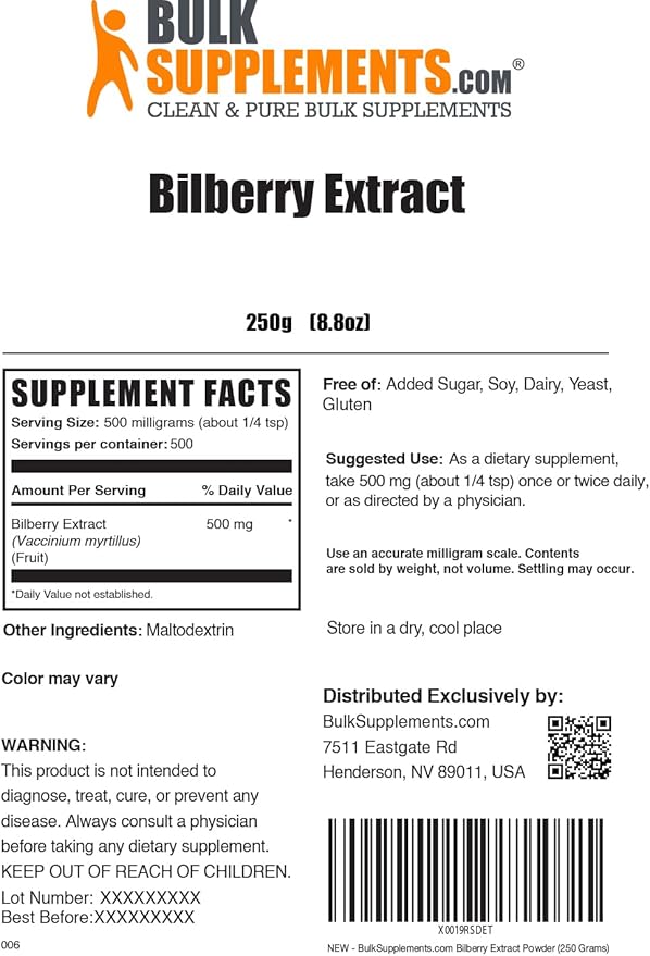 BulkSupplements.com Bilberry Extract Powder - Bilberry Fruit Extract, Bilberry Powder, Bilberry Supplement for Eyes - Glulten Free, 500mg per Serving, 250g (8.8 oz) (Pack of 1)