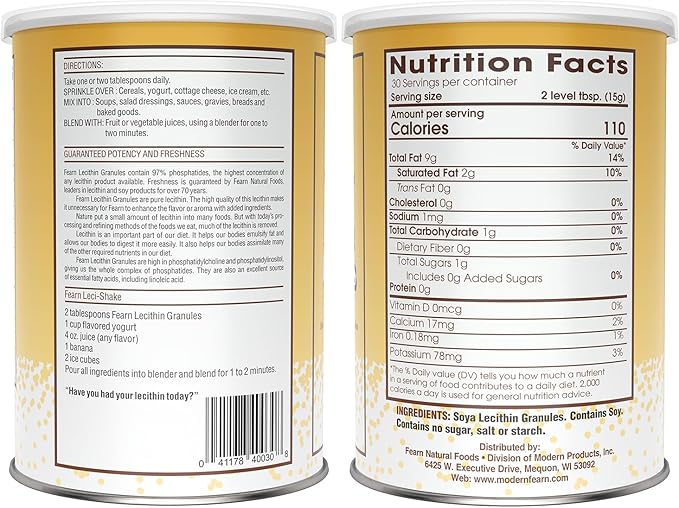 Fearn Natural Foods Soy Lecithin Granules – Fat Emulsifier with Essential Nutrients for Health, Improves Texture of Cakes, Breads & DIY Gummies, 16 Oz (Pack of 2)