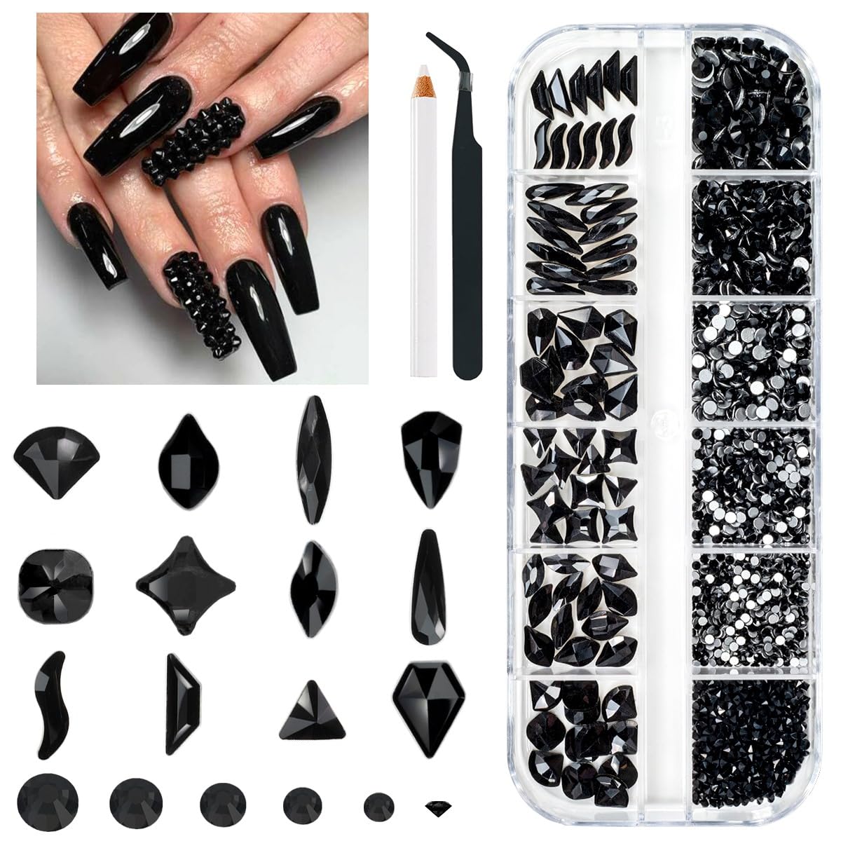 Qiipii 2052Pcs Black Nail Rhinestones Multi Shapes Jet Black Rhinestones For Nails Flatback Nail Gems K9 Glass Dark Black Round