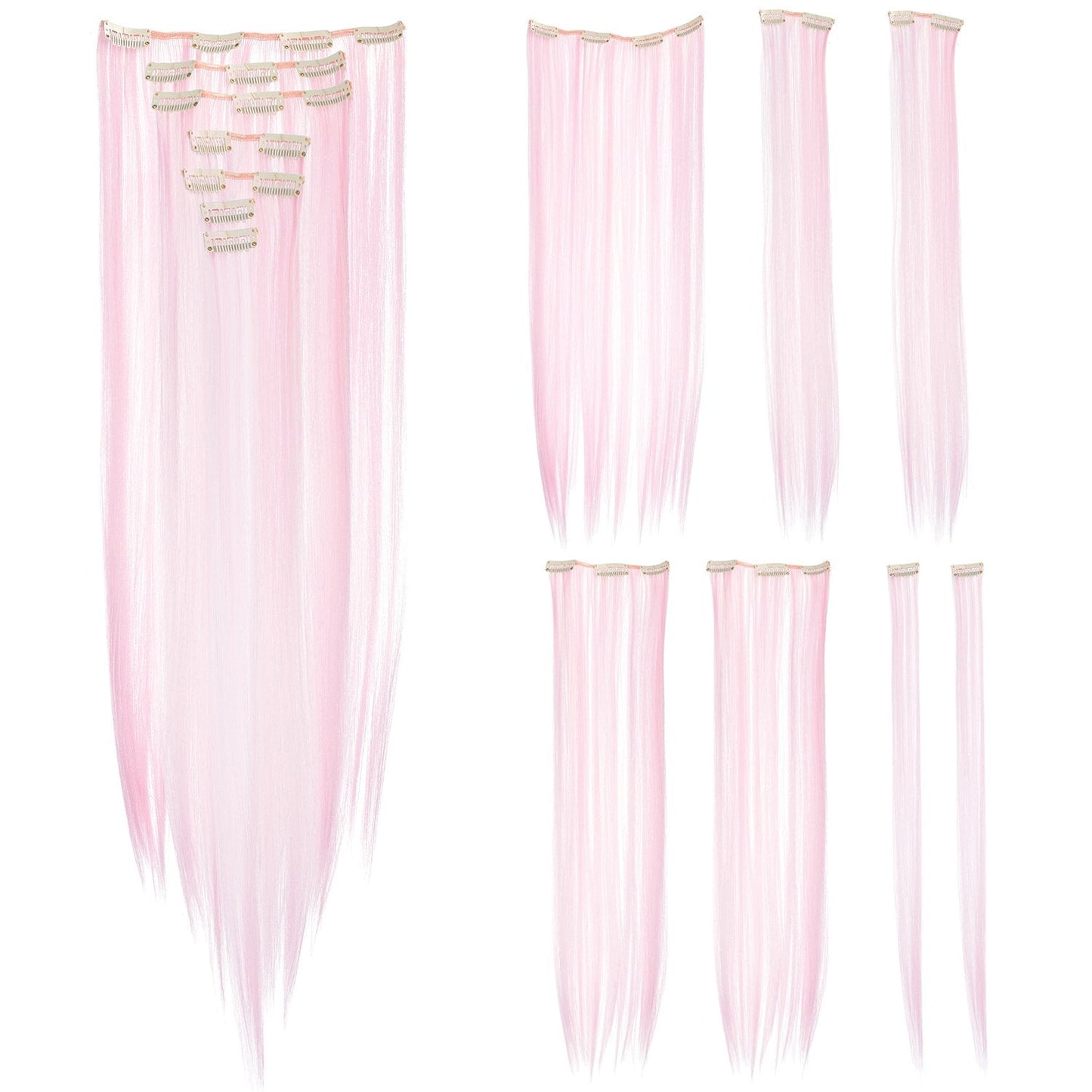 Swacc 7 Pcs Full Head Party Highlights Clip On In Hair Extensions Colored Hair Streak Synthetic Hairpieces (22-Inch Straight, Pi