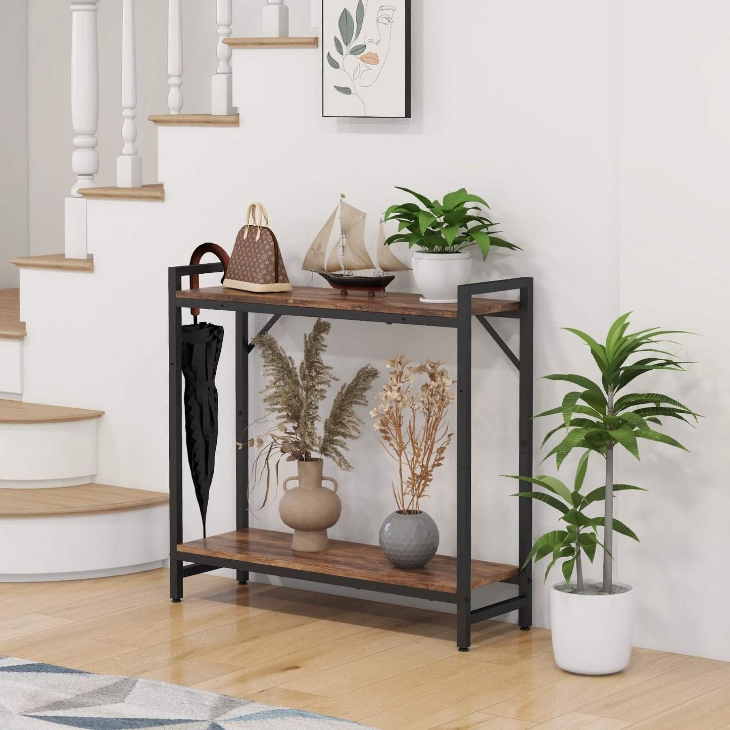 Livofloral Narrow Console Table, Small Entryway Table with 2 Support Bar, Thin Sofa Table, Small Couch Table, Display Table, Side Table for Living Room, Hallway, Bedroom, Rustic Brown