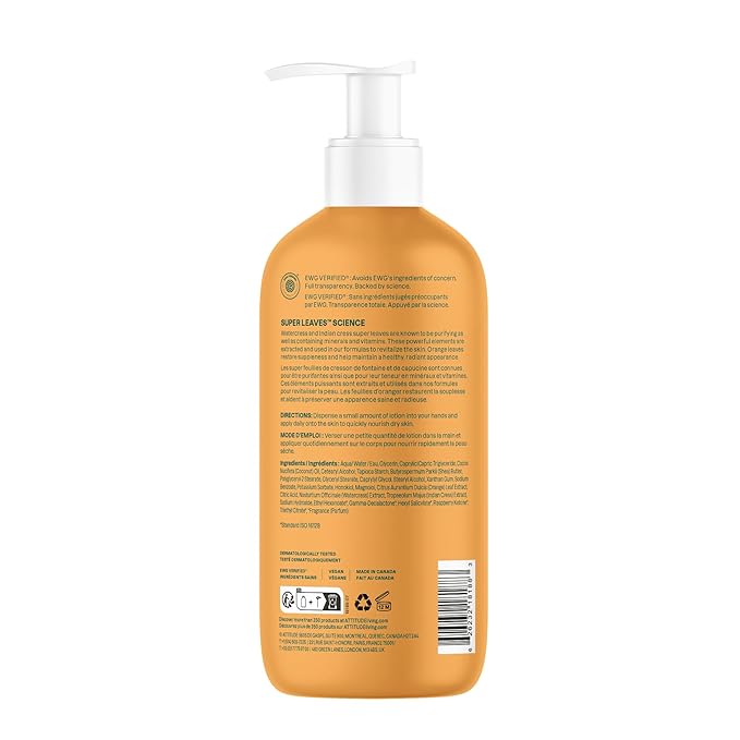 ATTITUDE Body Lotion, EWG Verified Moisturizer, Vegan Skin Care Products, Non-Greasy, Hydrating for Dry Skin, Cruelty Free, Orange Blossom & Eucalyptus Scent, 16 Fl Oz