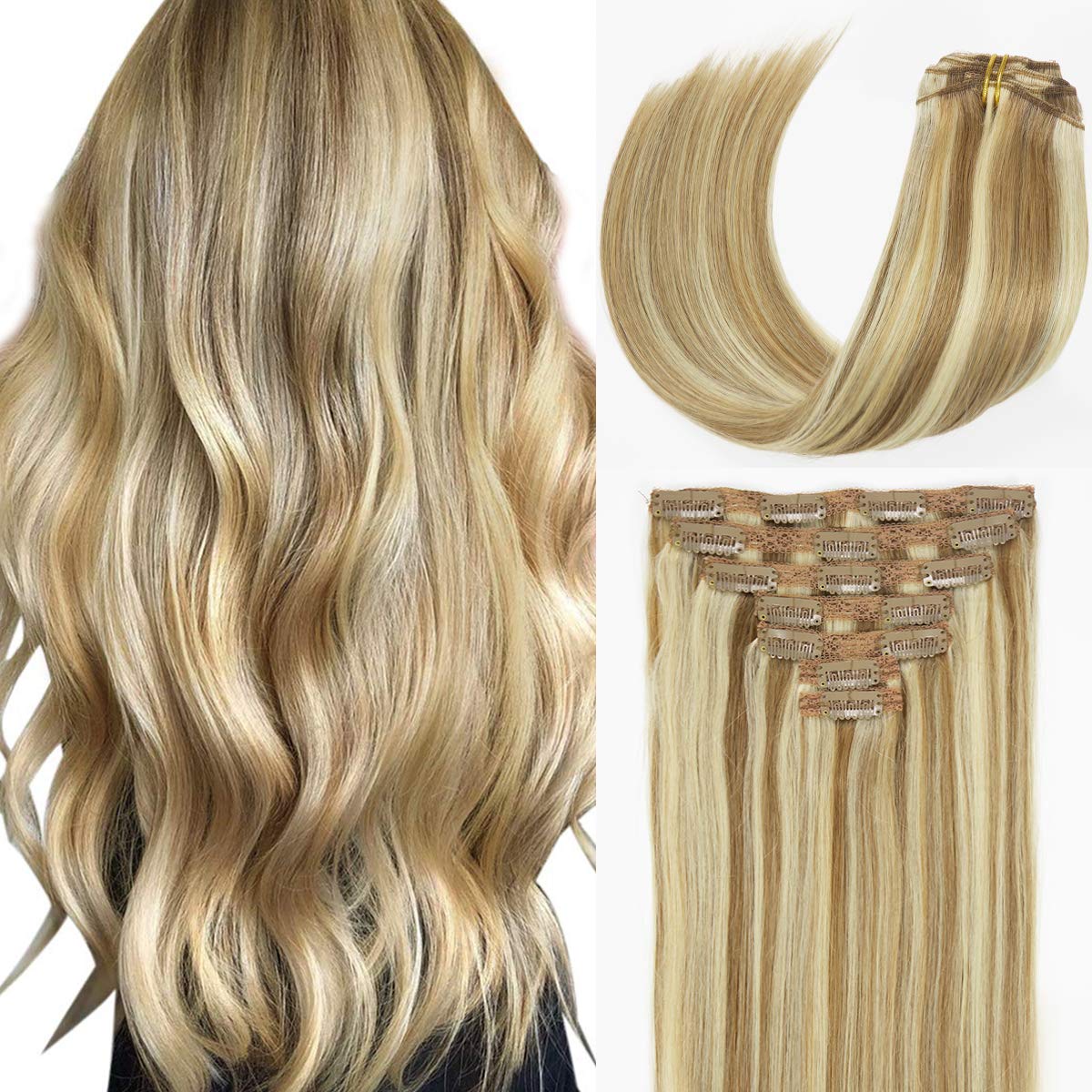 Caliee Clip In Hair Extensions Human Hair P10-613 Natural Hair Extensions Clip Ins Real Human Hair For Women Full Head 120G With