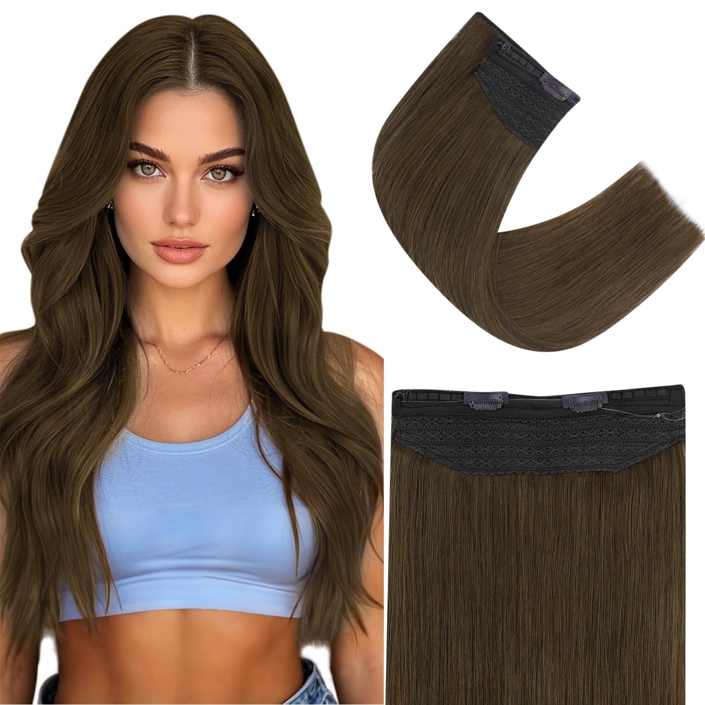 Easyouth 12 Inches Human Hair Fish Line Extensions Color 4 Chocolate Brown Seamless Invisible Hair Crown Extensions (70G,1Pc)