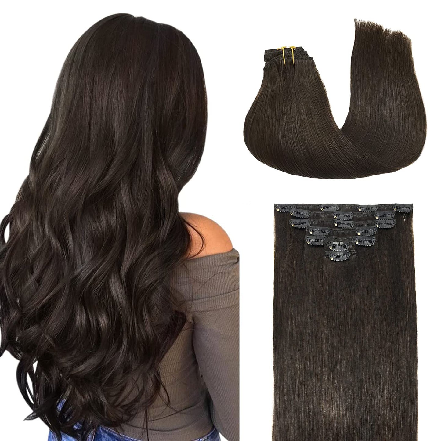 Doores Clip In Human Hair Extensions Dark Brown 120G 7Pcs 16 Inch Straight Real Hair Extensions Clip In Remy Natural Hair Extens