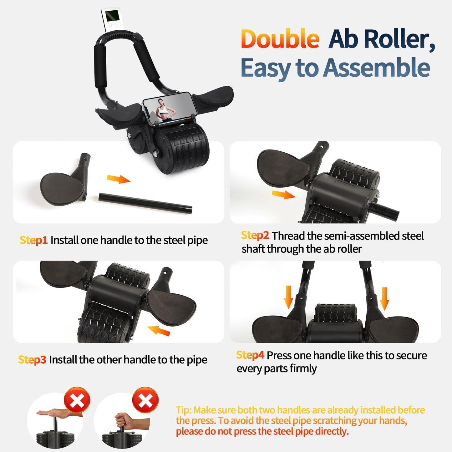 Tixahi Ab Roller Wheel,with Timer Automatic Rebound Abdominal Wheel,Elbow Support Abs Roller Wheel Core Exercise Equipment (Black)