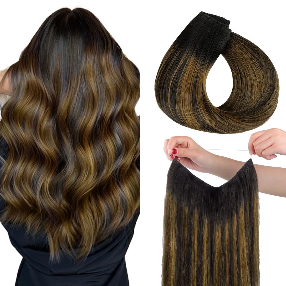 Hotbanana Wire Hair Extensions, 16 Inch 95G Natural Black Mixed Golden Brown Fish Line Hair Extensions Real Human Hair Straight