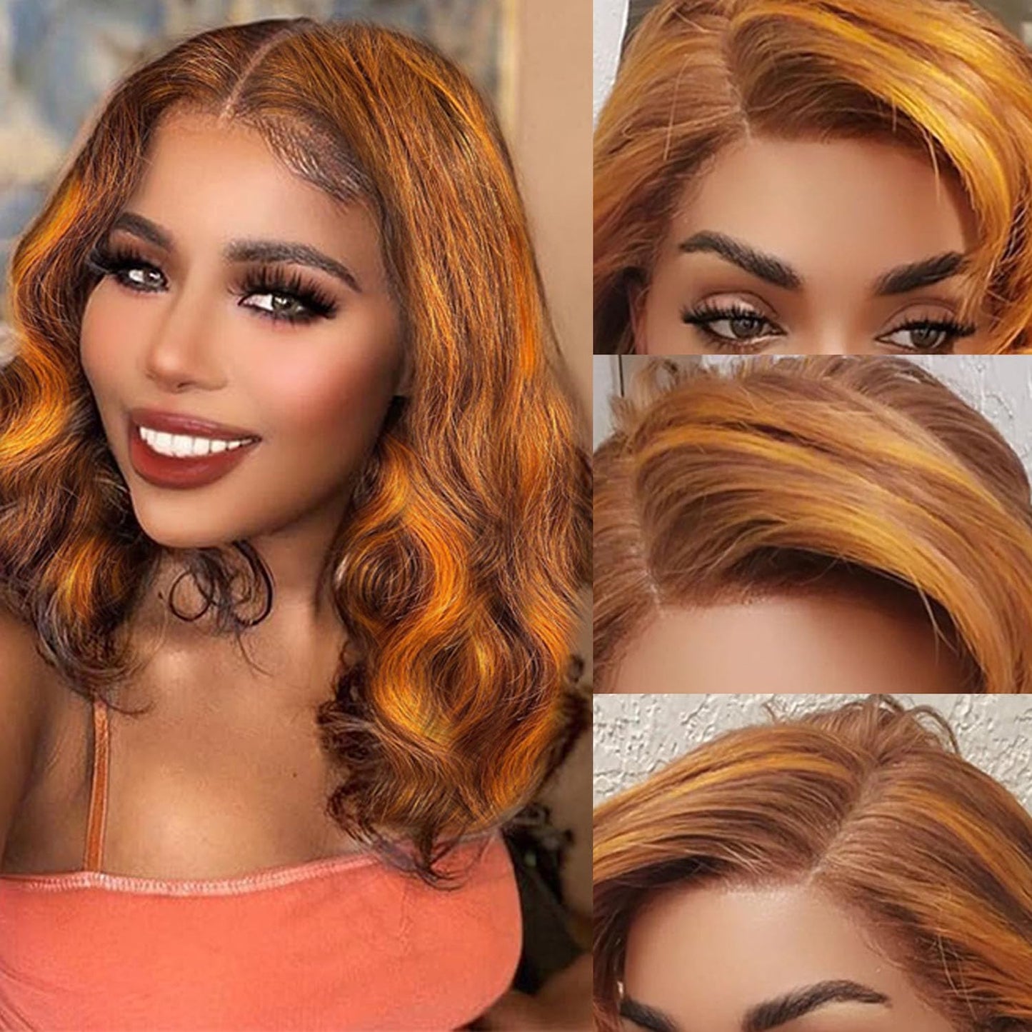 Ginger Bob Wig Human Hair 13X4 Frontal Lace Wig 16 Inch Body Wave #4/350 Colored Hd Lace Front Wigs Human Hair Pre Plucked Orang