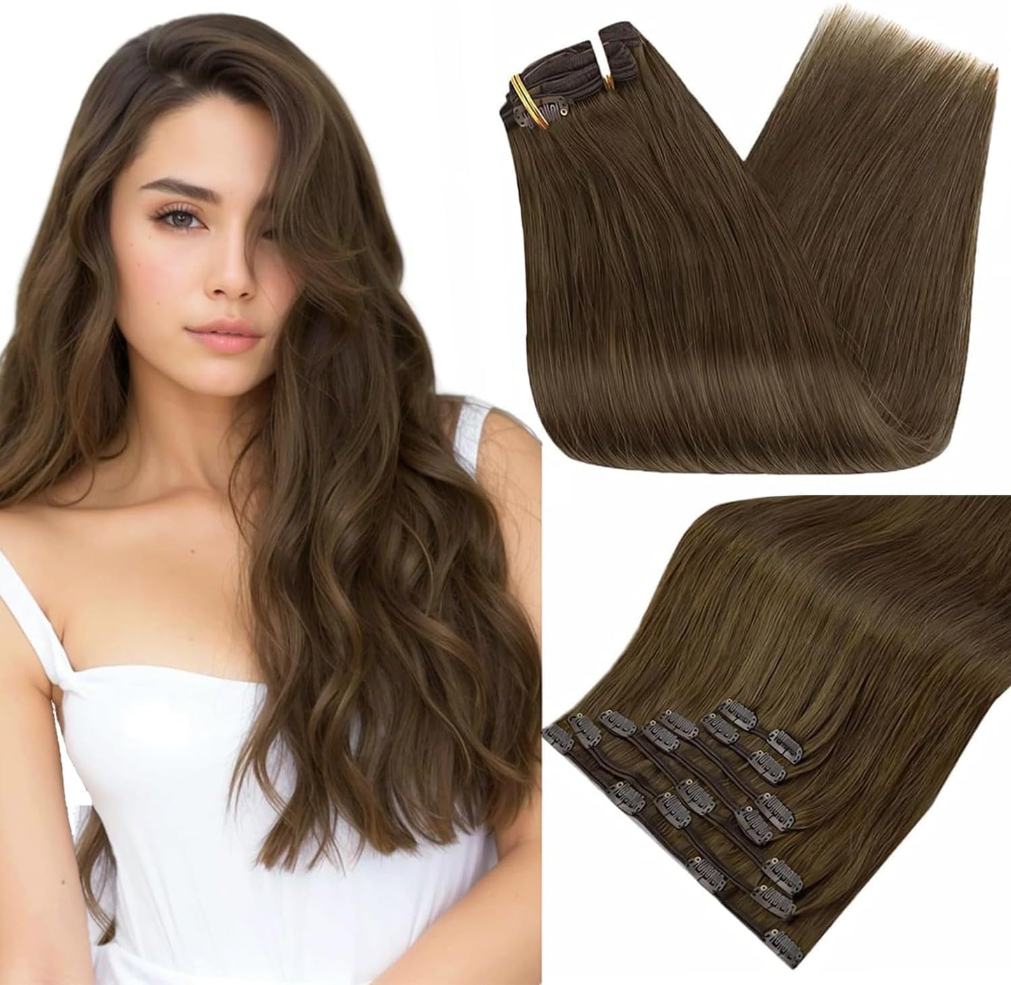 Full Shine 20 Inch Hair Extensions Real Human Hair Light Brown Clip In Hair Extensions Long Lasting Hair Extensions Real Remy Ha