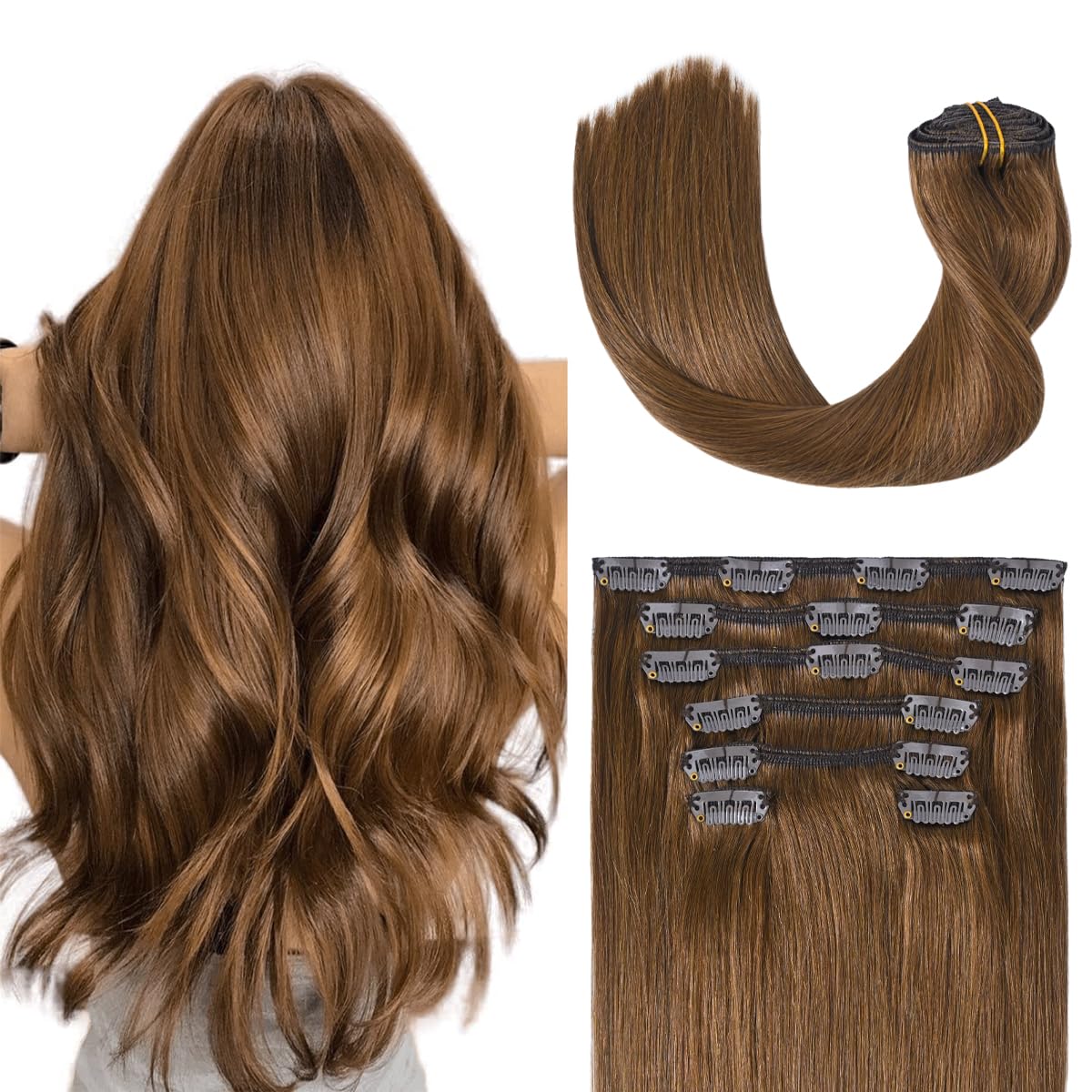 Ugotrays Light Brown Hair Extensions Clip In Human Hair 18 Inch 70G 7Pcs Remy Hair Silky Straight 16Clips One Pack #6 Chestnut B