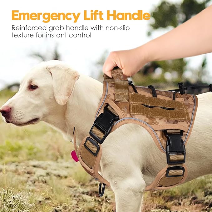 Heavy-Duty Tactical Dog Harness for Large Dogs, No Pull Adjustable Reflective Pet Vest with Molle System, K9 Military-Grade Control for Service Training, Outdoor & 10+ Breeds, Khaki Camo, Small