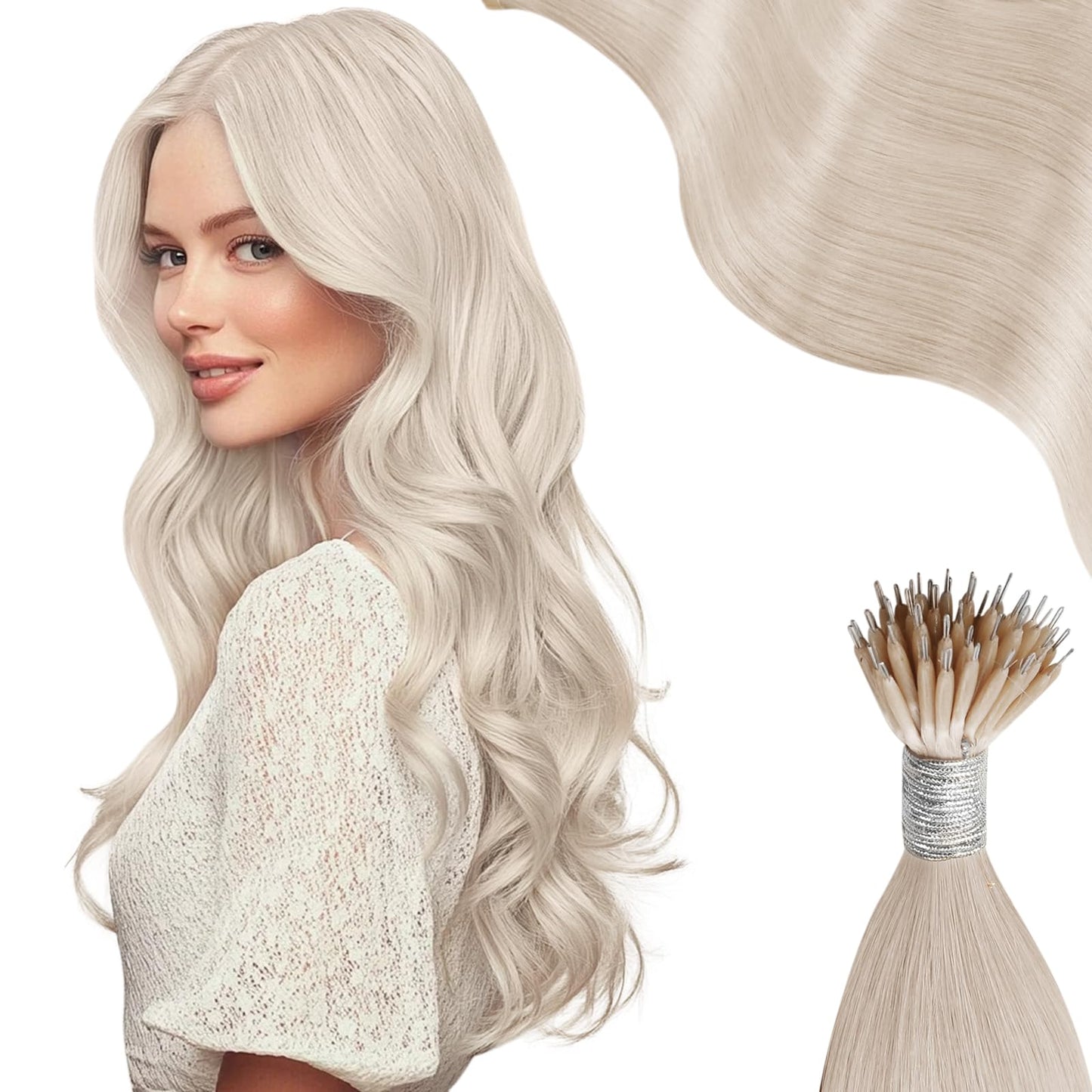 Moresoo Nano Hair Extensions Real Human Hair White Blonde Straight 14Inch 50G/50S