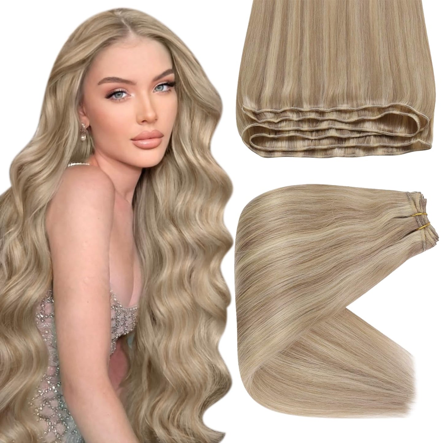 Sunny 120G Weft Human Hair Extensions Blonde Hair Extensions Real Human Hair Weft Dark Ash Blonde Mix Golden Blonde Weft Blonde