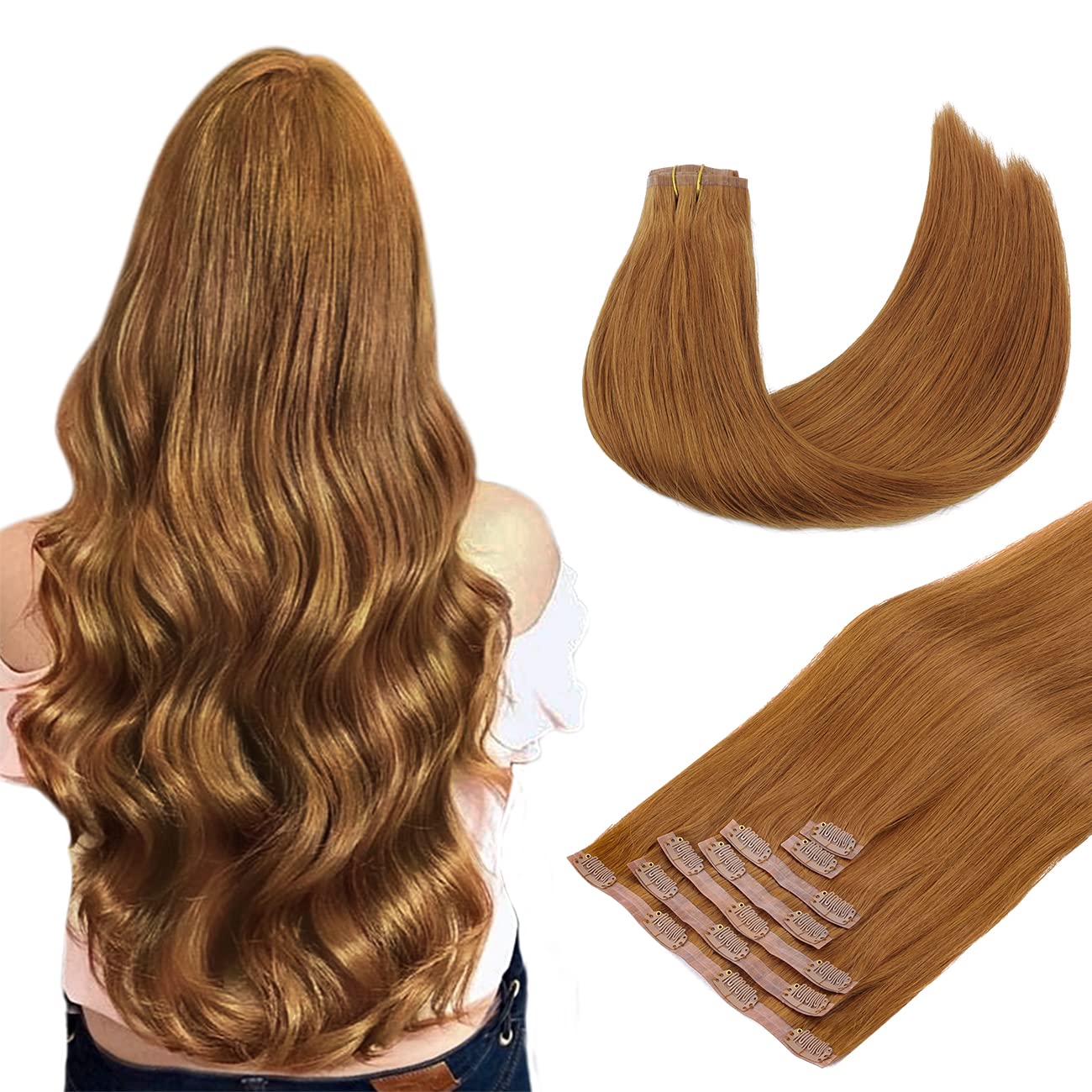Doores Seamless Clip In Hair Extensions, Medium Auburn 18 Inch 130G 7Pcs, Hair Extensions Seamless Clip Ins Straight Natural Hai