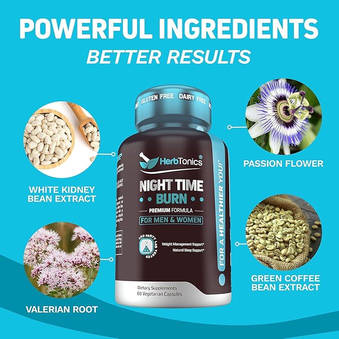 Herbtonics Night Time Weight Supplement & Sleep Aid β Dual-Action Metabolism & Appetite Support | Melatonin, L-Theanine, Lemon Balm, Green Tea Extract | GLP-1 Support | 60 Vegan Capsules