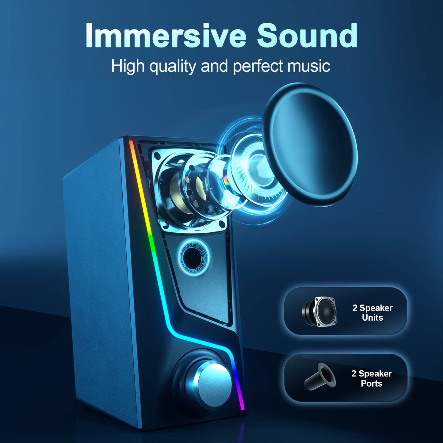 Computer Speakers, PC Speakers with 6 Lighting Modes, USB Powered Computer Speakers for Desktop Monitor with 2 Bass-Boost Ports, 2 Speaker Units, and 3.5mm Aux-in Cable for PC, Laptop, Tablet, Phone