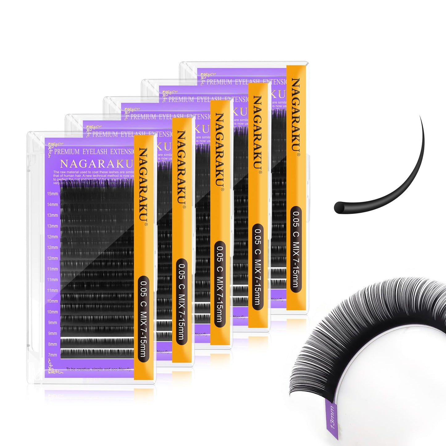 Nagaraku 5 Trays Eyelash Extensions 0.05Mm C Curl 7-15Mm Mix Tray Individual Lashes Classic Matte Black Faux Mink 16 Rows Profes