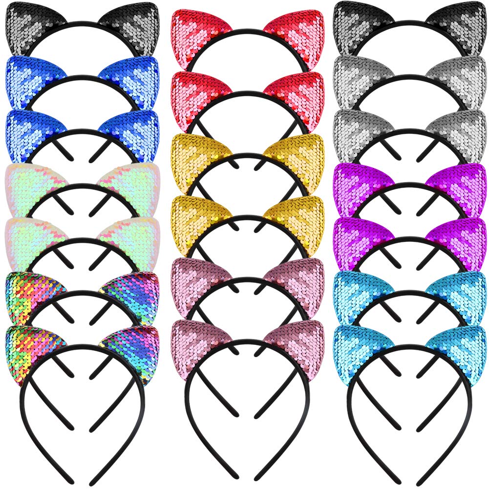 Wxj13 20 Pieces Cat Ears Headbands Reversible Sequin Headband Cute Cat Headbands