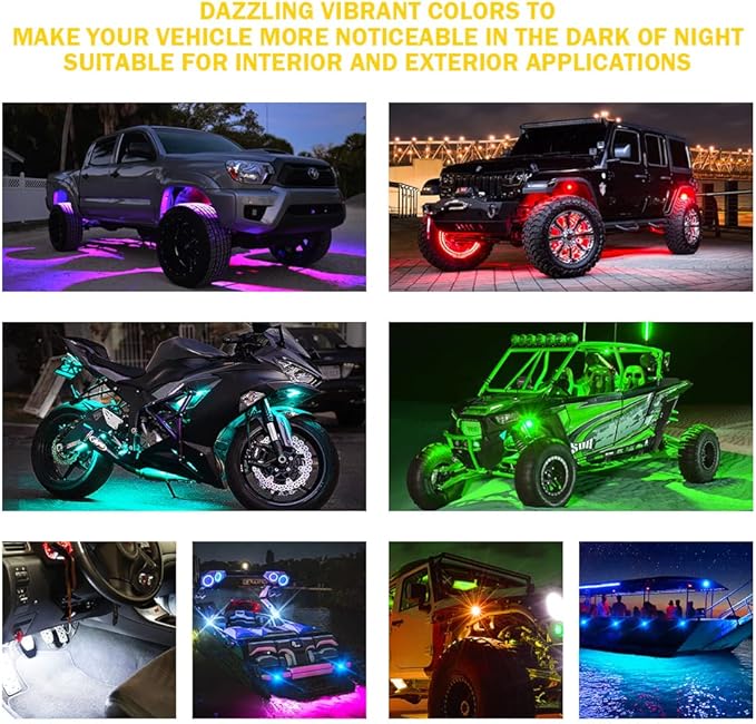 Xprite RGBW LED Rock Lights Kit with Bluetooth & Wireless Remote Controller, Multicolor Cars Underglow, Wheel, Footwell Neon Light Kits, for Off-Road UTV ATV Trucks SUV Motorcycle Boats - 6 Pods