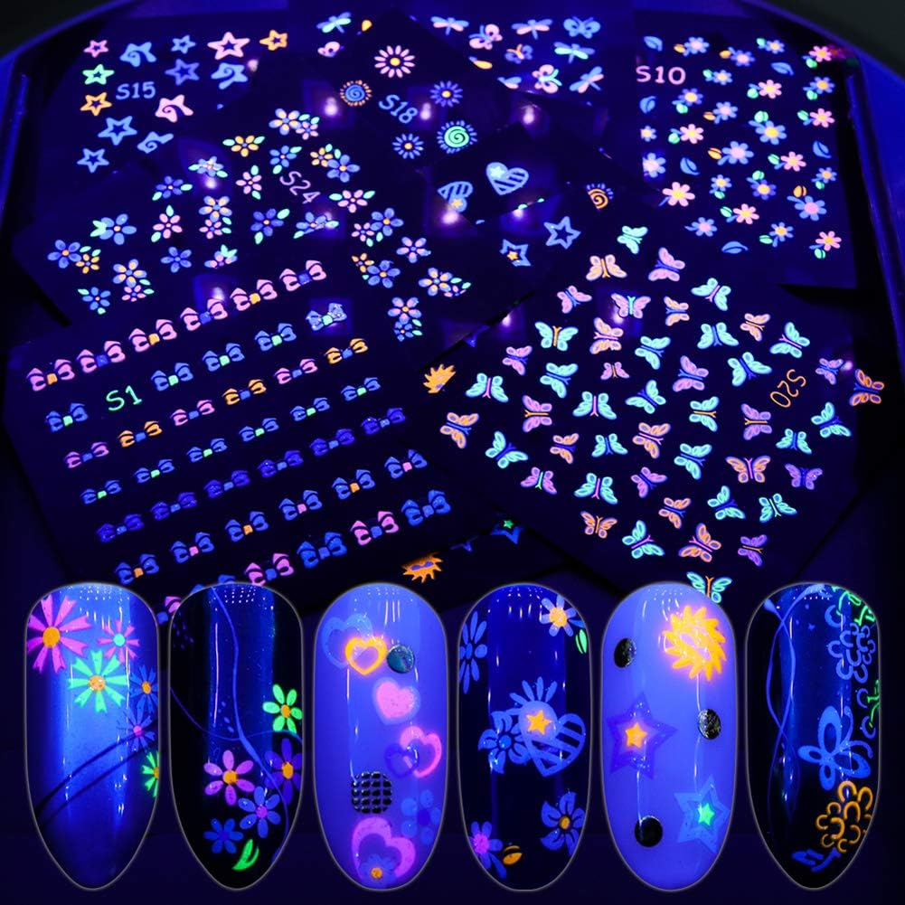 Ebanku 24Sheets Fluorescence Nail Art Stickers Decals 3D Self-Adhesive Butterfly Flower Love Fruits Pattern Diy Decoration Tools