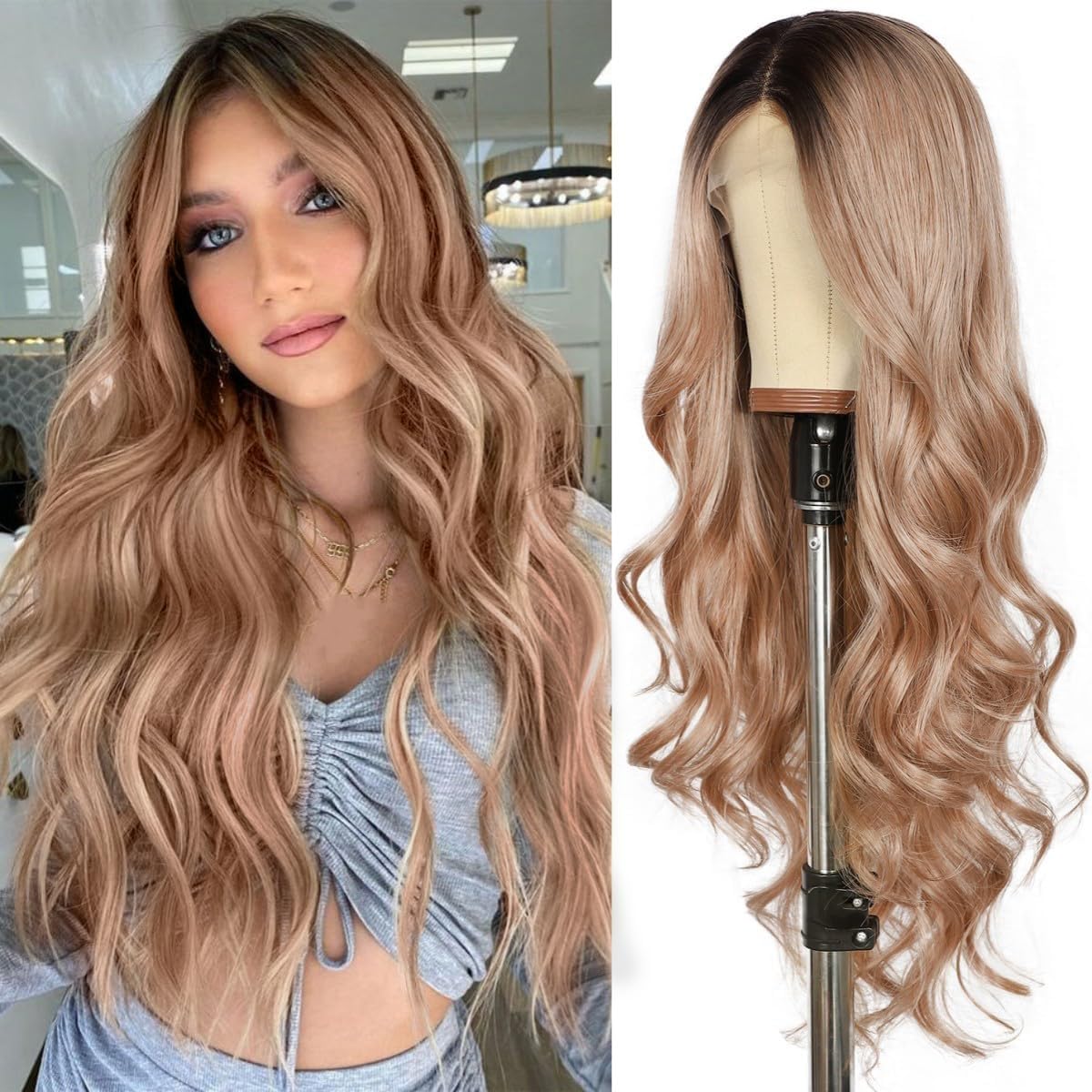 Sapphirewigs Brown Lace Front Wigs For Women Glueless Long Body Wave Ombre Khaki Brown Hair Synthetic Lace Front Wig For Women P