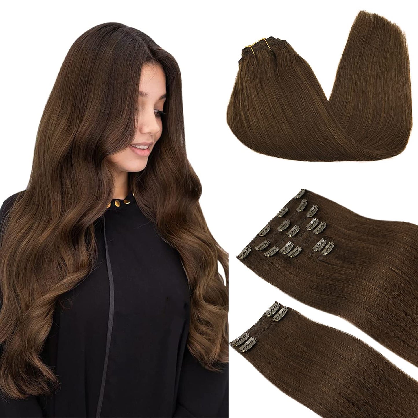 Doores Clip In Human Hair Extensions, Chocolate Brown 150G 9Pcs 20 Inch, Remy Hair Extensions Clip In Natural Hair Extensions Re