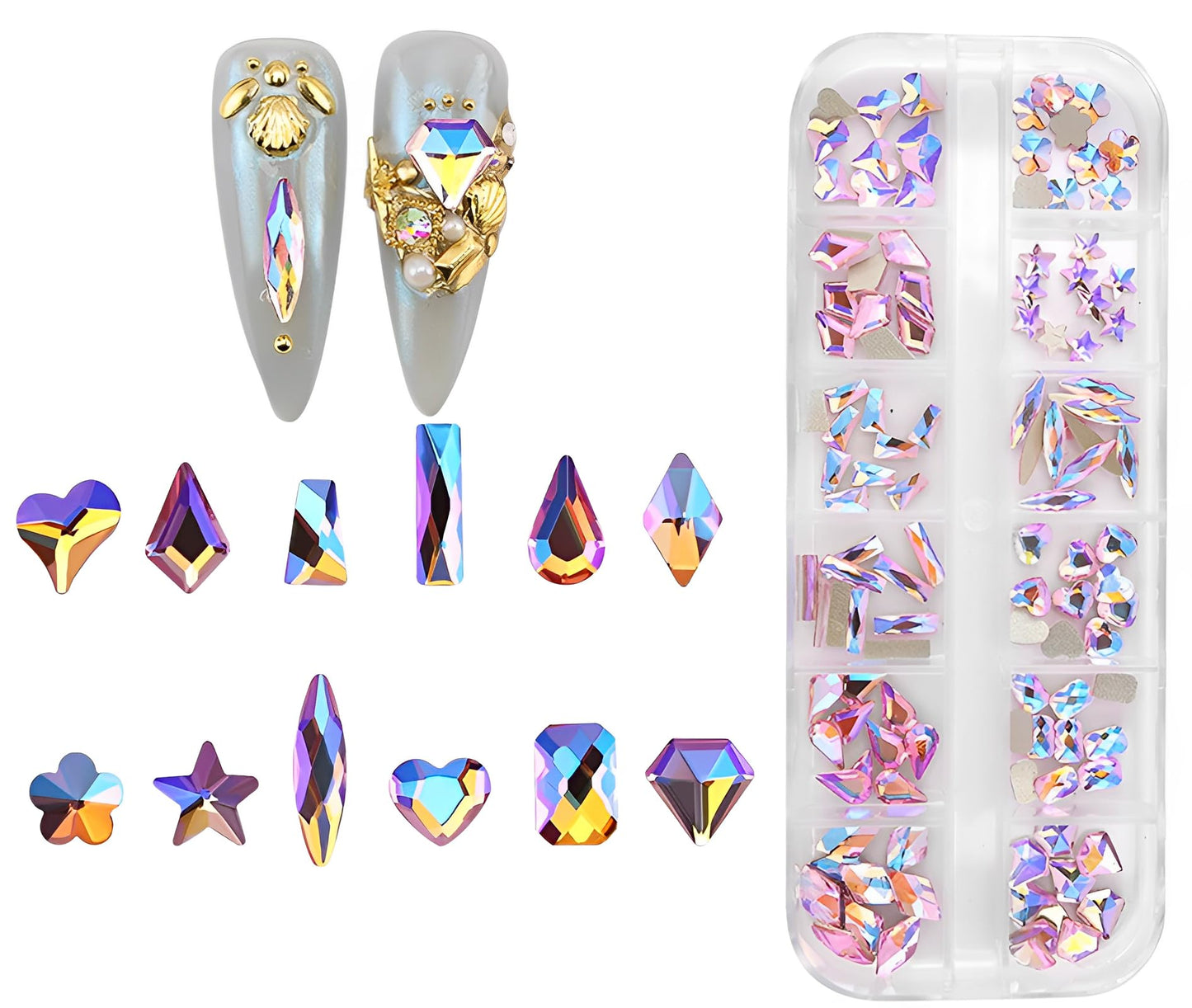 Jollin 120Pcs Flatback Rhinestones Glass Charms Diamantes Gems Stones For Nail Art Box Multi Shapes Pink Ab