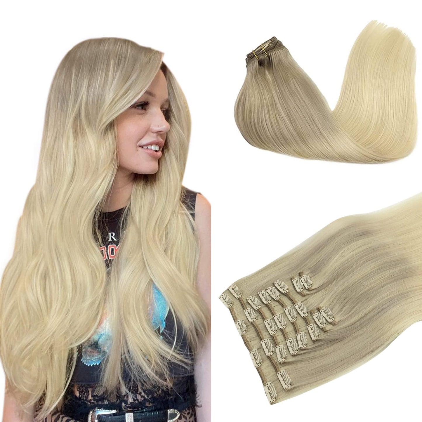 Doores Clip In Human Hair Extensions, 10Pcs 160G Balayage Ash Blonde To Golden Blonde And Platinum Blonde 20 Inch Real Hair Exte