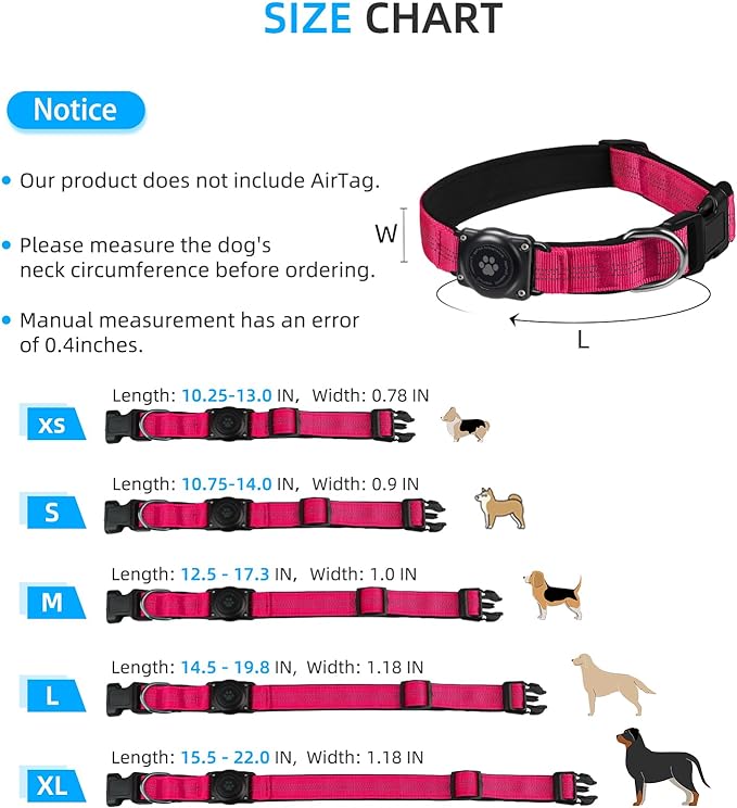 Upgraded AirTag Dog Collar, IP68 Waterproof Air Tag Dog Collar Holder, Reflective, Ultra-Durable, Comfortable Padded, Heavy Duty Dog Collars for Small Medium Large Dogs (L (14.8"-20.3"), Hotpink)