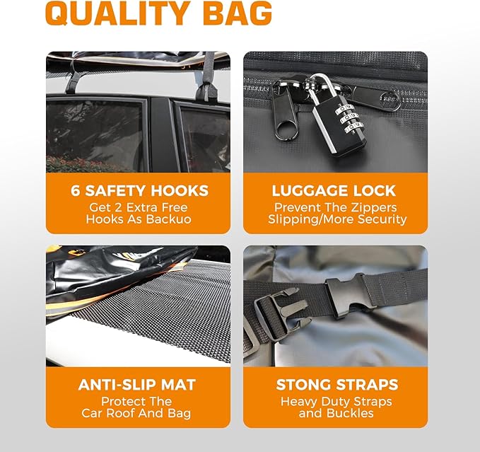 Kingfun Car Rooftop Cargo Carrier Bag, Waterproof 15 Cubic Feet Car Roof Luggage Carrier for All Vechicles with/Without Racks, Includes Anti-Slip Mat, 8 Reinforced Straps, 6 Door Hooks,Luggage Locks