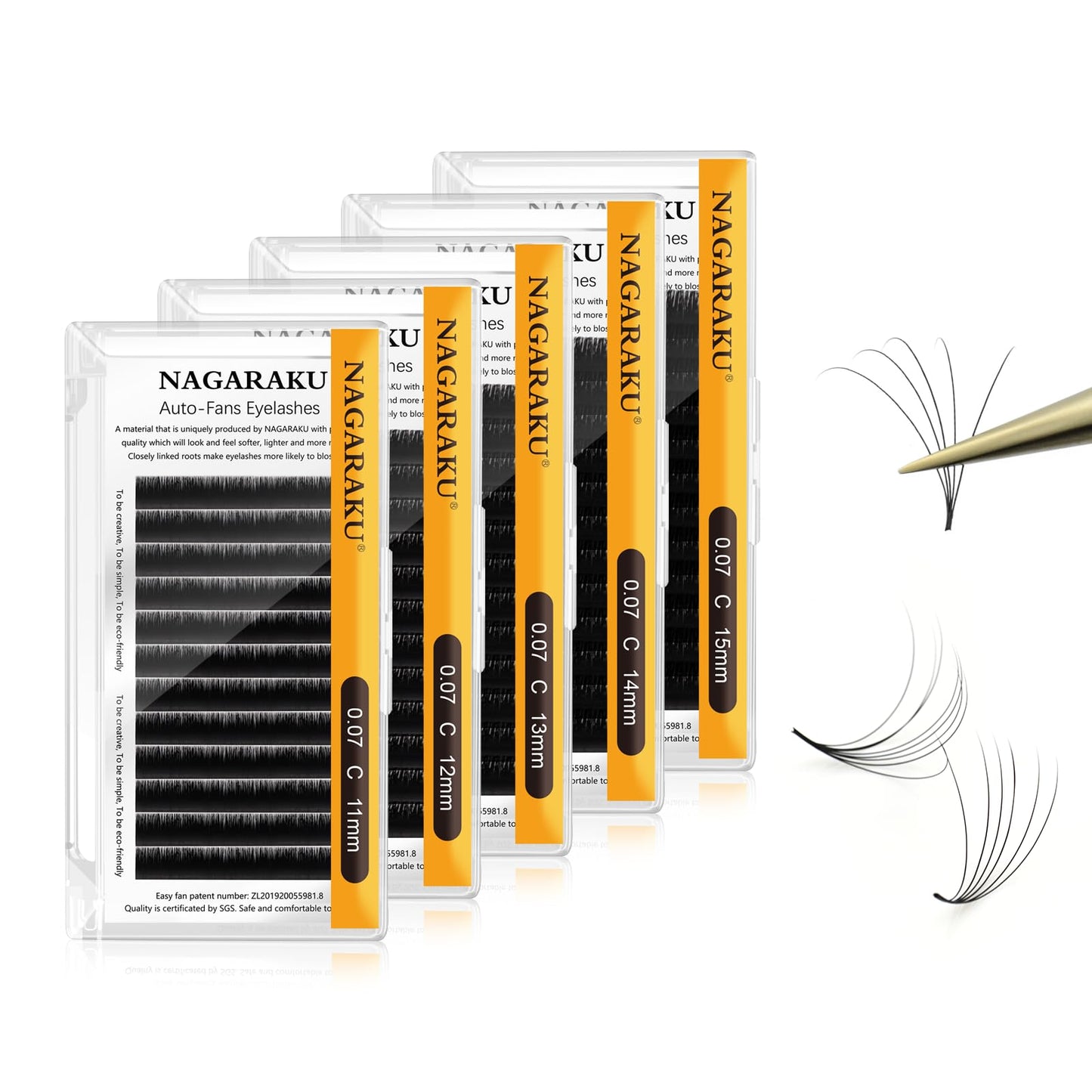 Nagaraku Easy Fan Eyelash Extensions Volume Lashes 5 Trays In 1 Pack 0.07 C Curl 11/12/13/14/15Mm Rapid Blooming Russian Mega Vo