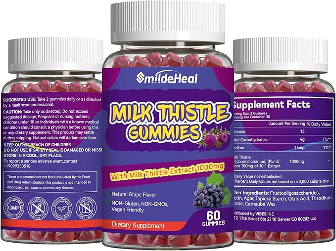 Milk Thistle Gummies, Milk Thistle Extract 1000mg, Liver Detox, Antioxidant Support, Non-GMOs, Non-Gluten, Vegan, Milk Thistle Supplement, 60 Count(Pack of 2)