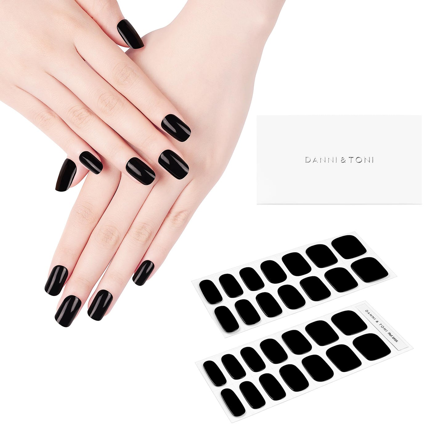 Danni & Toni Semi Cured Gel Nail Strips Black (Obsidian) Gel Nail Polish Stickers Glossy Nail Wraps 28 Stickers