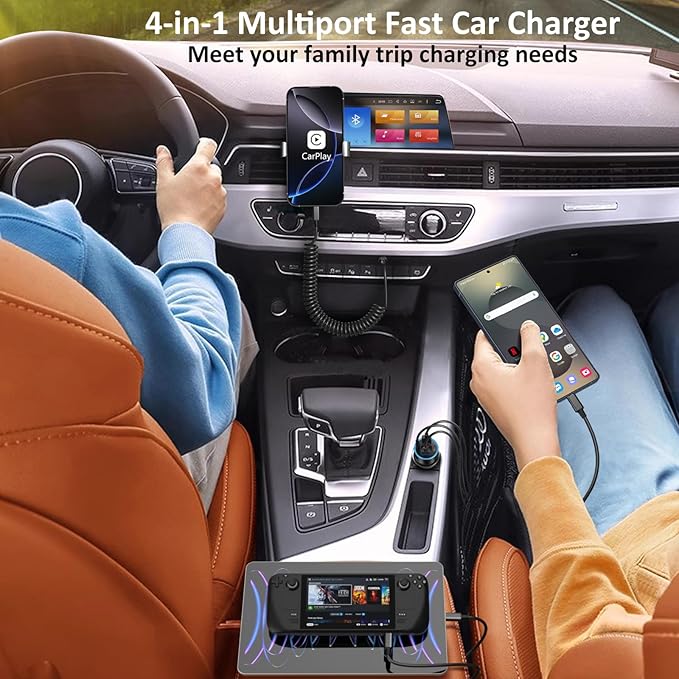 65W 4-Port Super Fast Car Charger Type C for Galaxy S25 S24 S23 Ultra S22 S21 A16 A53 A54 PD/QC3.0 Android Car Phone Charger USB C Cigarette Lighter Voltage Meter Adapter+5FT Type C Coiled Cable