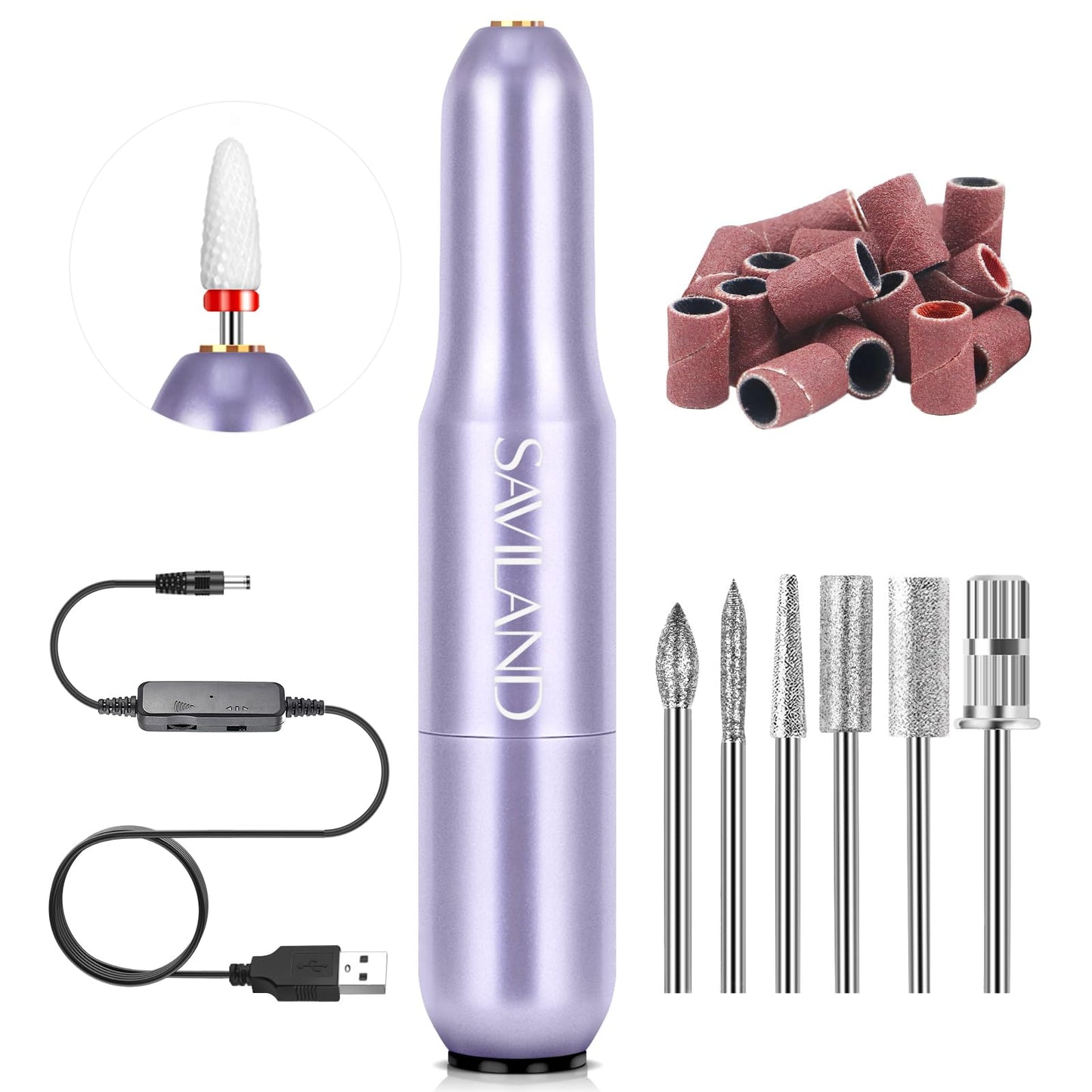 Saviland Nail Drill: Portable Electric Nail Drill Kit 20000Rpm Nail Drill Purple 7 Nail Drill Bits Cuticle Bit Nail File (100/18