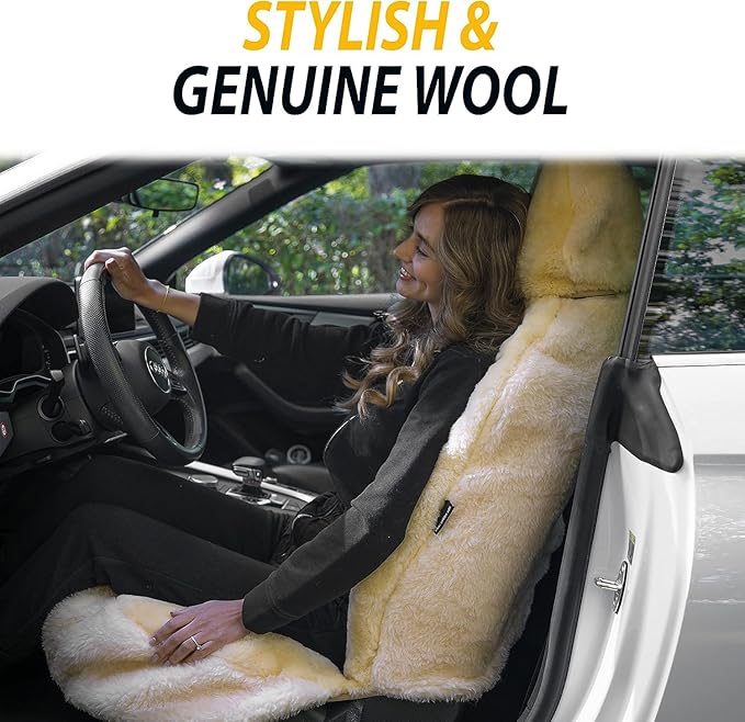 ZONETECH Sheepskin Seat Covers Fuzzy Car Seat Covers Ivory Australian Merino Wool Fluffy Fur Auto Accessories All Season Protection for Your Seats Universal Fits Most Car SUV Airbag Compatible 2-Pack