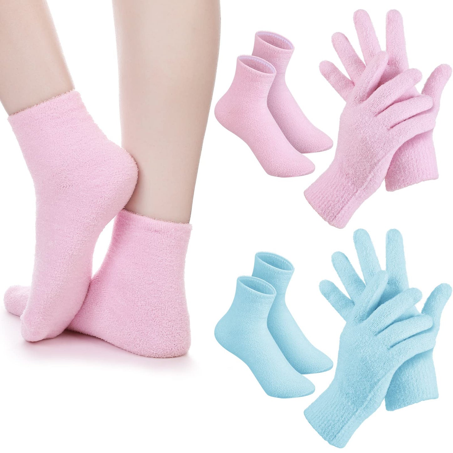 Jiuguva 4 Pairs Moisturizing Gloves Socks Set Gel Aloe Gloves Infused Lotion Gloves Heel Socks For Dry Cracked Feet Women Men (B