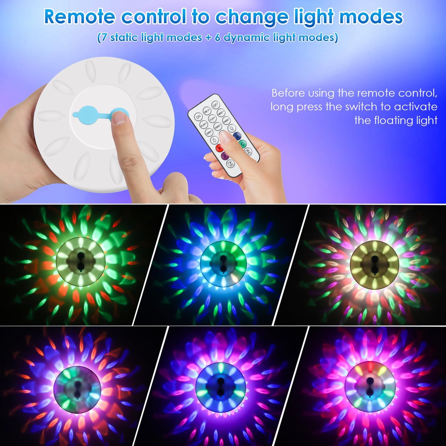 QOLNBY Floating Pool Lights, Pool Light with 6 Dynamic Lighting Effects, IP68 Waterproof Pool Lights That Float, Rechargeable RGB Upper and Lower Color Changing Lights for Hot Tub, Patio 4 Pack